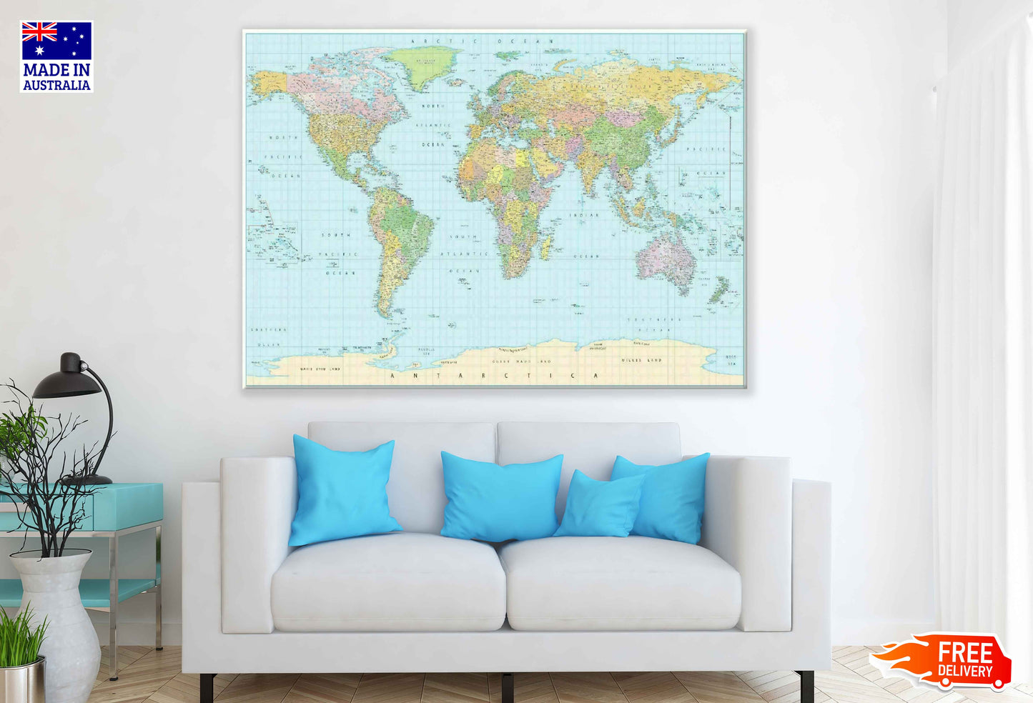 World Map with City Names Print 100% Australian Made Stretched Canvas Ready to Hang - 2296