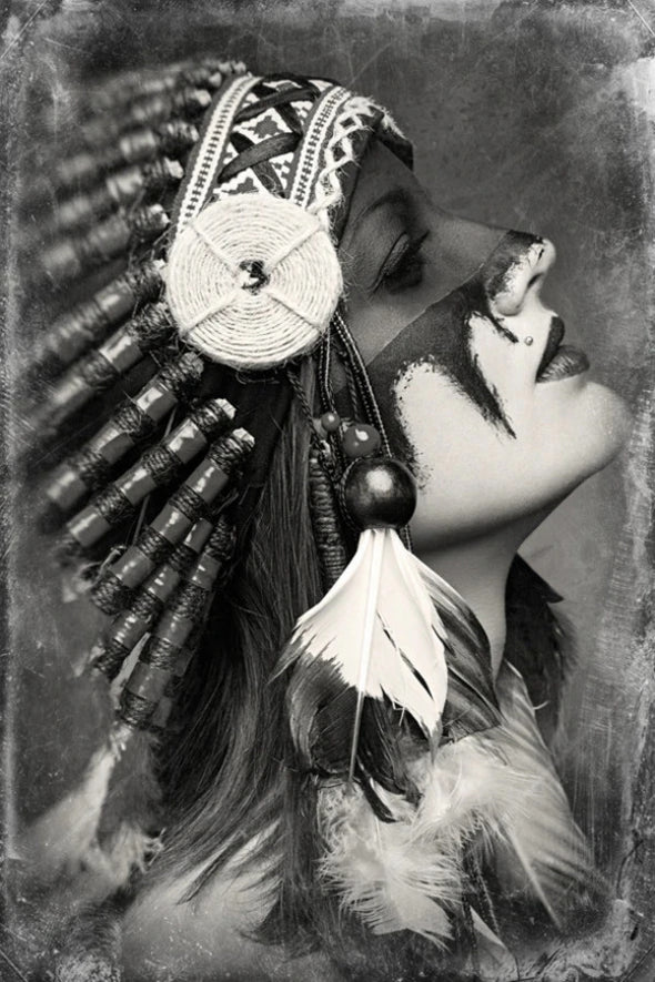 Girl with Feather Headdress B&W Photograph Print 100% Australian Made Stretched Canvas Ready to Hang - 1970