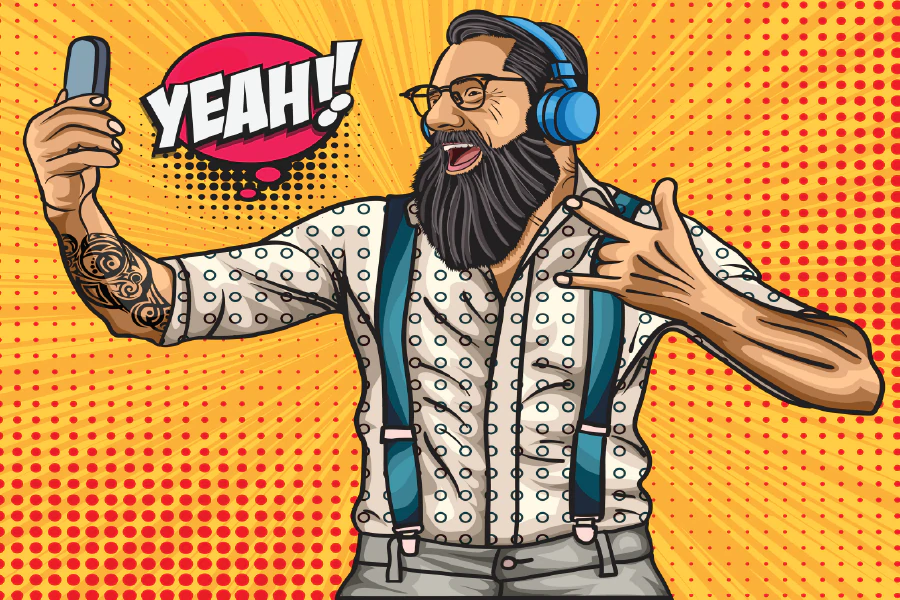 Yeah Quote & Bearded Man with Headphones Pop Arts & Comic Poster Print 100% Australian Made Stretched Canvas Ready to Hang - 2169