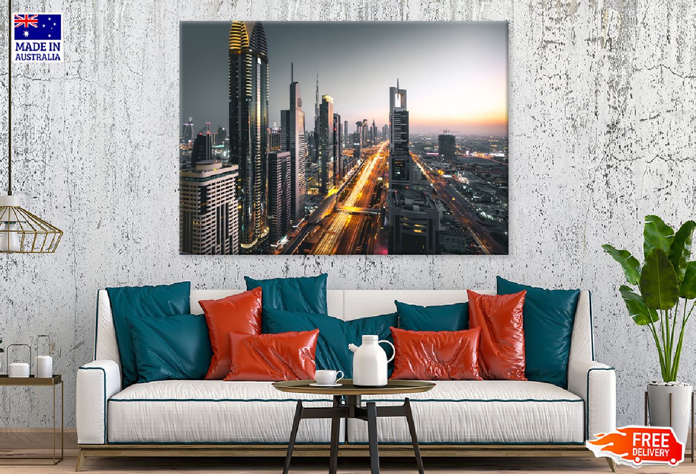 Dubai City Skyline Traffic View Print 100% Australian Made Stretched Canvas Ready to Hang - 1465