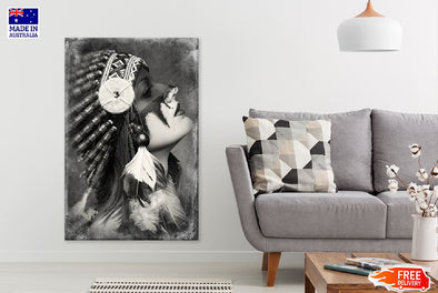 Girl with Feather Headdress B&W Photograph Print 100% Australian Made Stretched Canvas Ready to Hang - 1970