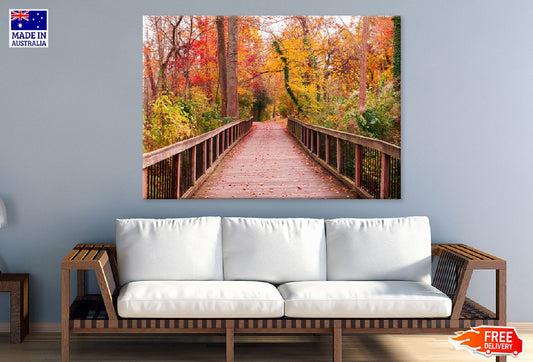 Autumn Trees & Wooden Pathway Print 100% Australian Made Stretched Canvas Ready to Hang - 1694