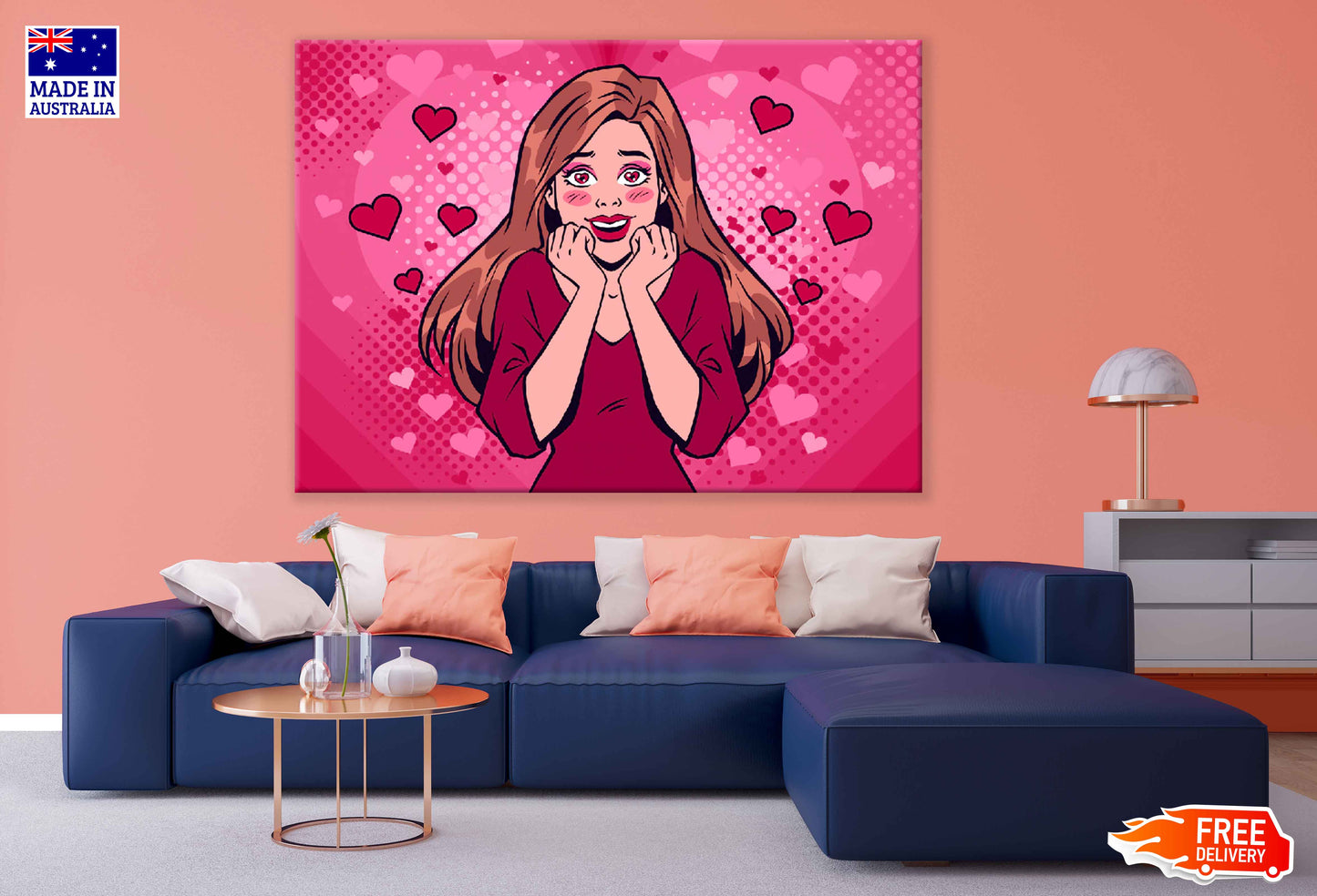 Girl In Love Hearts Illustration Pop Arts & Comic Poster Print 100% Australian Made Stretched Canvas Ready to Hang - 2097