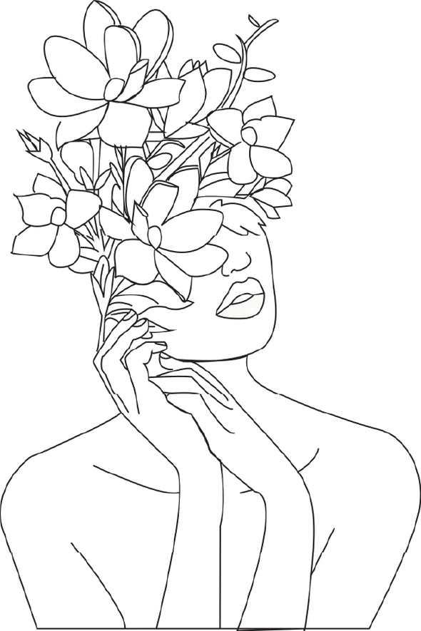 Floral Headdress & Woman Face B&W Line Art Design Print 100% Australian Made Stretched Canvas Ready to Hang - 1796