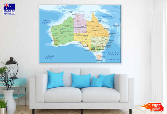 Australia Map Highly Detailed Print 100% Australian Made Stretched Canvas Ready to Hang - 2297