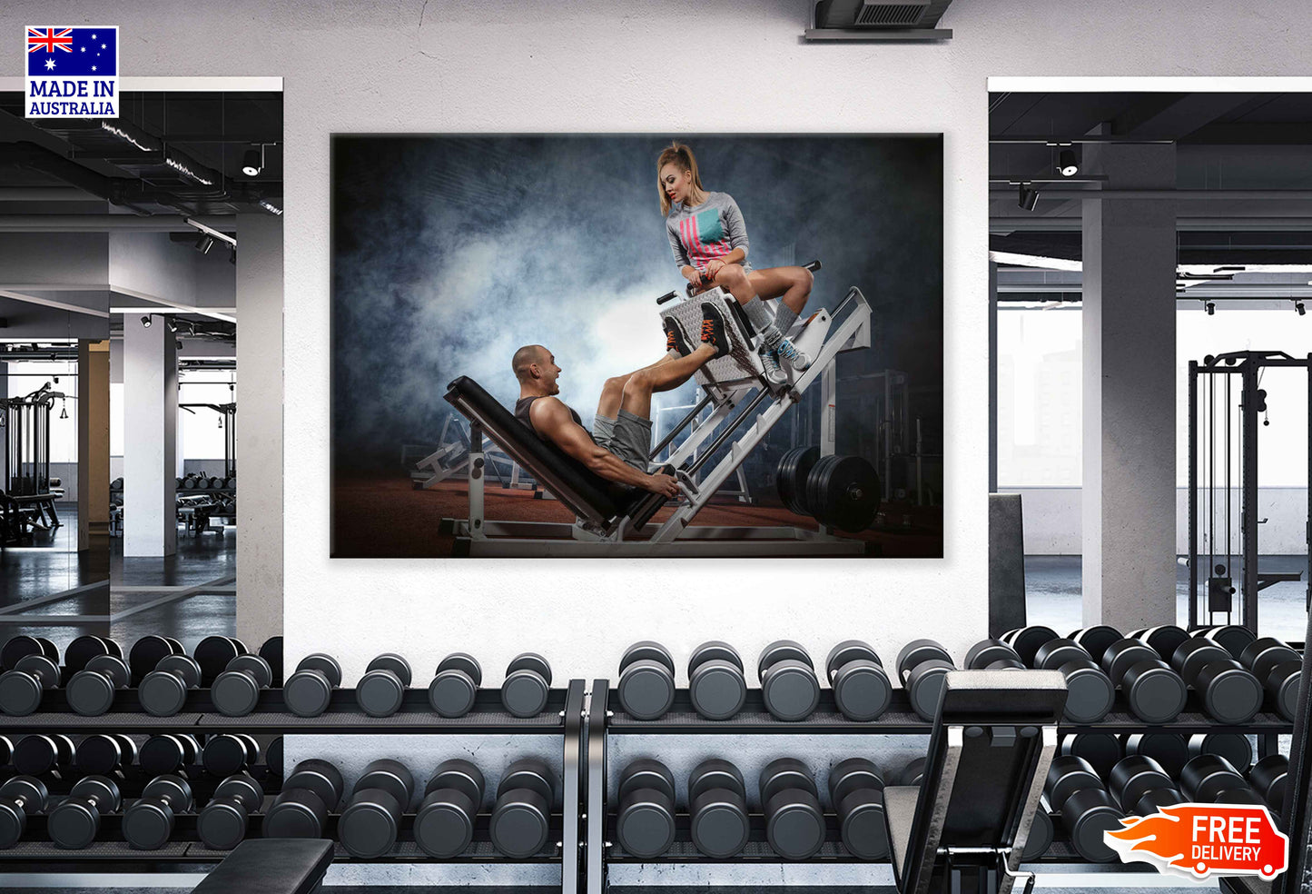 Weightlifter Doing Leg Presses with Girl Print 100% Australian Made Stretched Canvas Ready to Hang - 2198