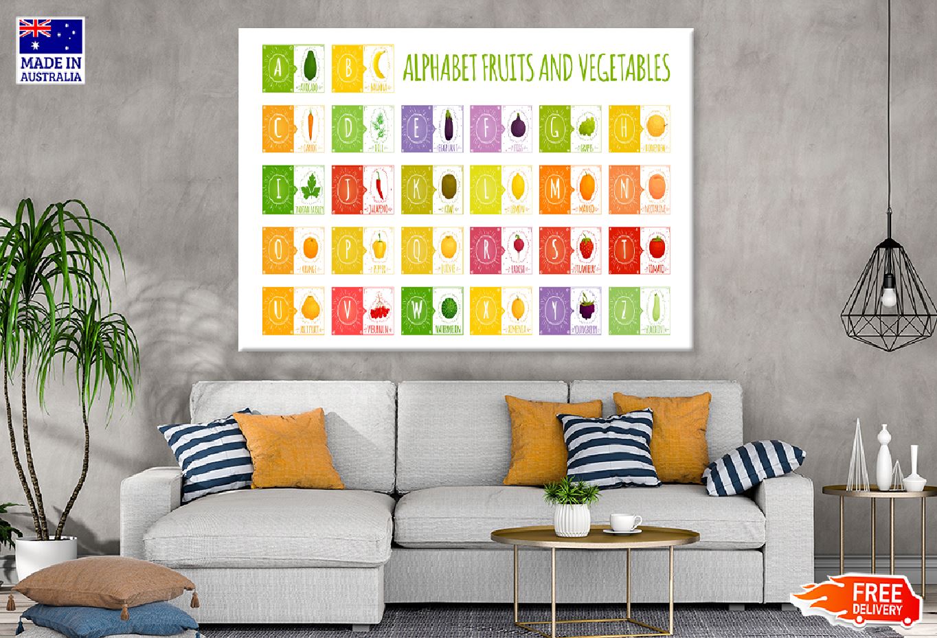 Alphabet with Fruits & Vegetables Print 100% Australian Made Stretched Canvas Ready to Hang - 1674