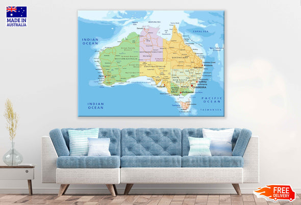 Australia Map Highly Detailed Print 100% Australian Made Stretched Canvas Ready to Hang - 2297