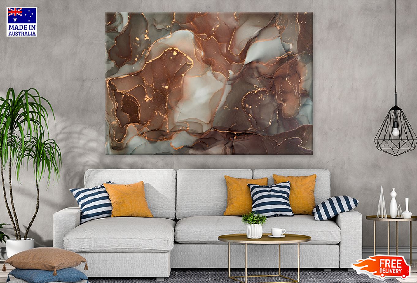 Grey Brown & Gold Fluid Abstract Design Print 100% Australian Made Stretched Canvas Ready to Hang - 1117