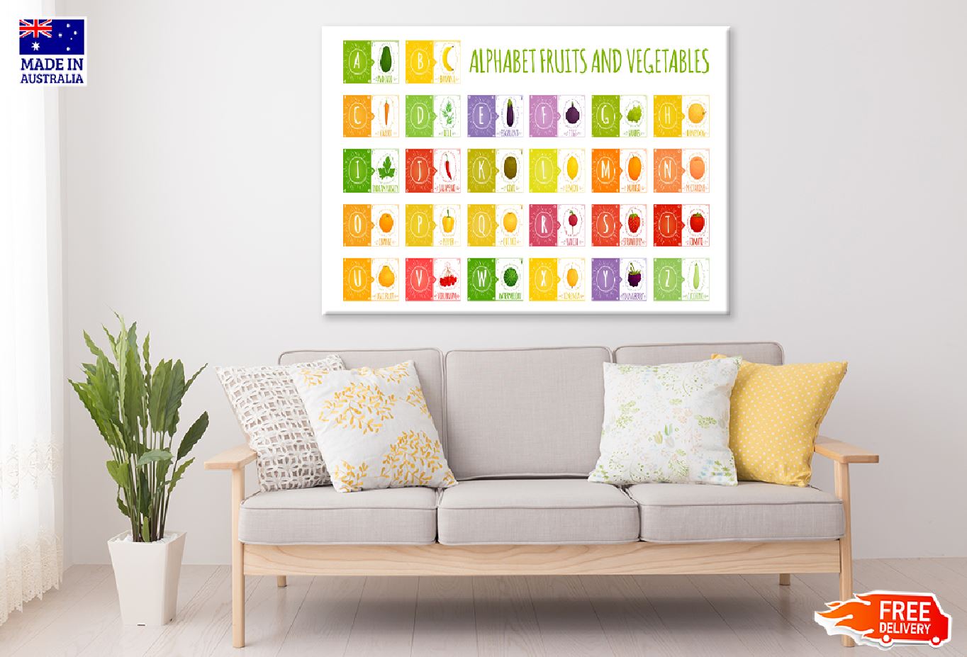 Alphabet with Fruits & Vegetables Print 100% Australian Made Stretched Canvas Ready to Hang - 1674