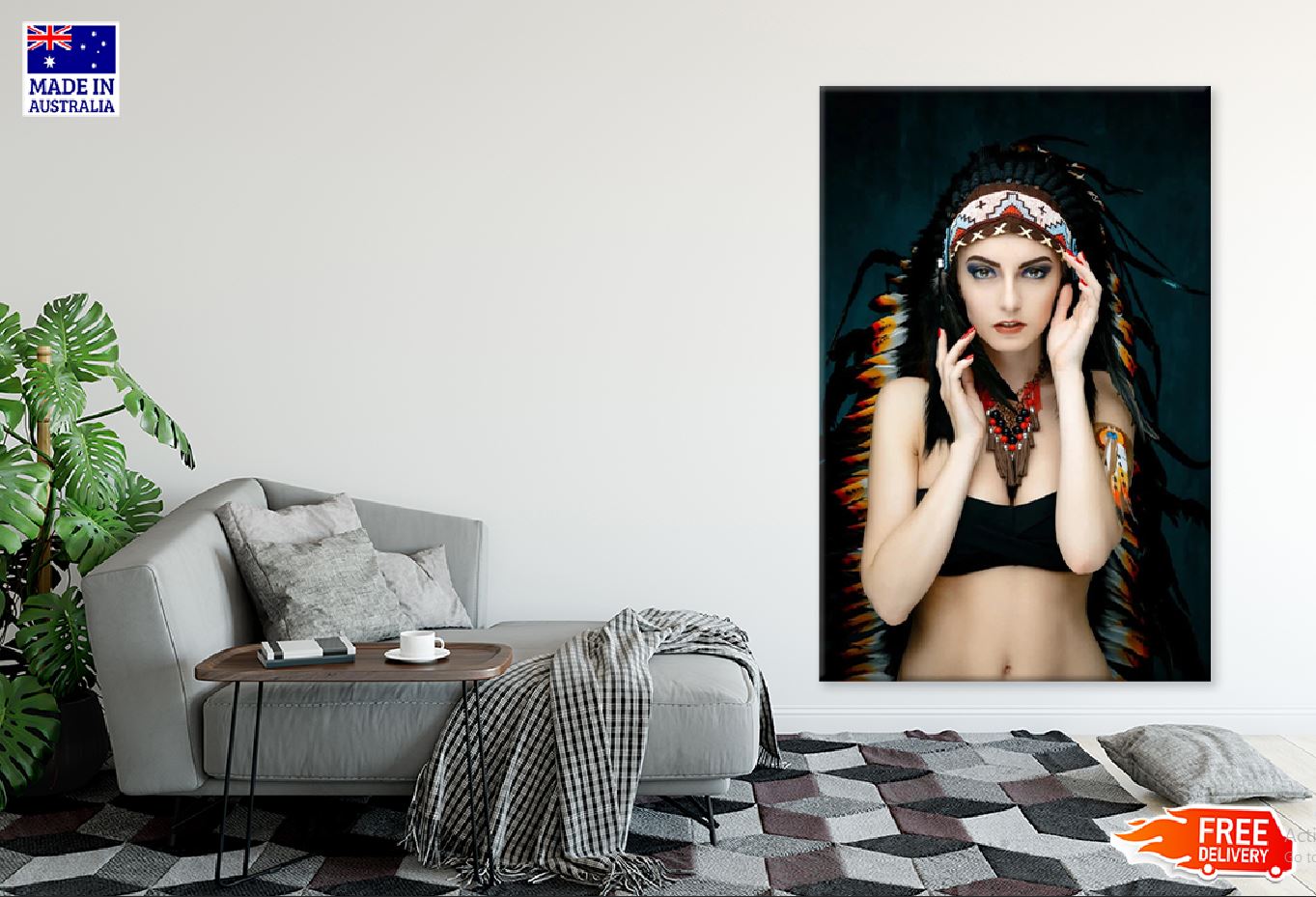 Girl with Feather Headdress Photograph Print 100% Australian Made Stretched Canvas Ready to Hang - 1972