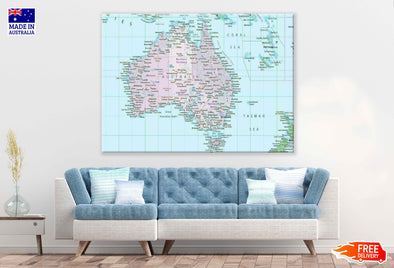 Australia Map Print 100% Australian Made Stretched Canvas Ready to Hang - 2298