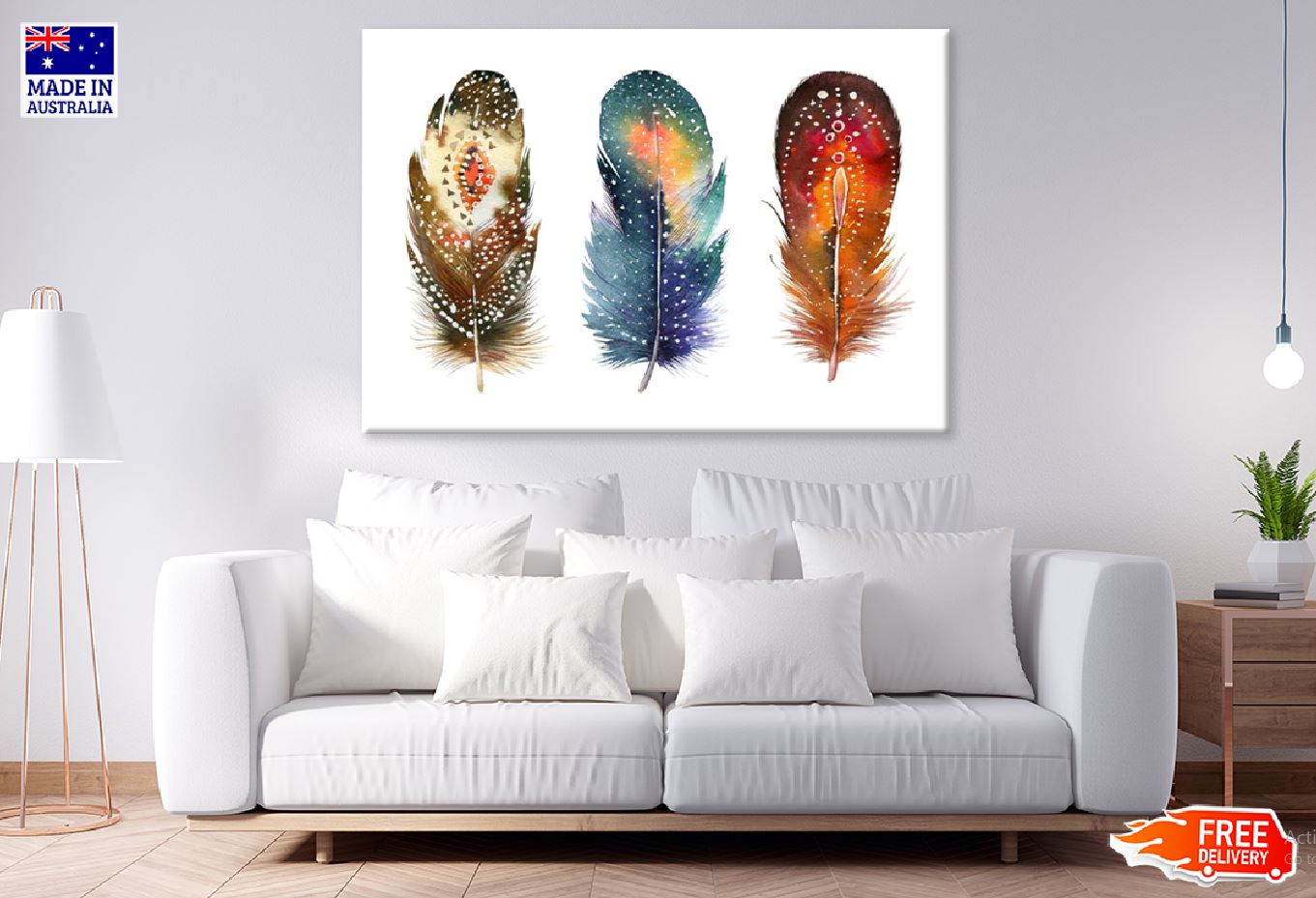 Colorful Feathers Watercolor Painting  Print 100% Australian Made Stretched Canvas Ready to Hang - 1899