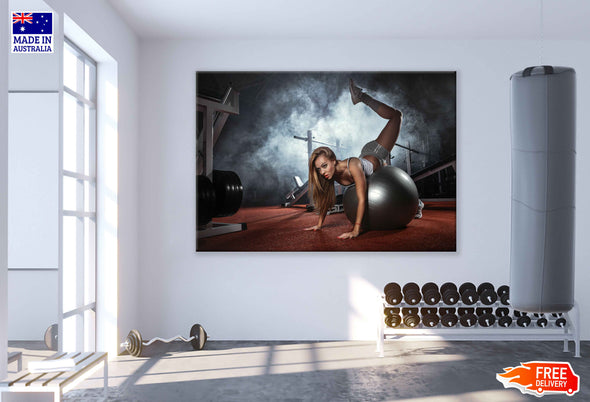 Woman Exercising Pilates Ball Workout Posture in Gym Print 100% Australian Made Stretched Canvas Ready to Hang - 2199