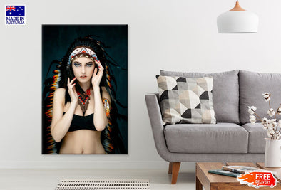 Girl with Feather Headdress Photograph Print 100% Australian Made Stretched Canvas Ready to Hang - 1972