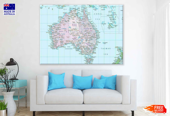 Australia Map Print 100% Australian Made Stretched Canvas Ready to Hang - 2298