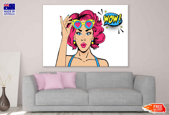 WOW Quote & Girl with Heart Shaped Glasses Illustration Pop Arts & Comic Poster Print 100% Australian Made Stretched Canvas Ready to Hang - 2171