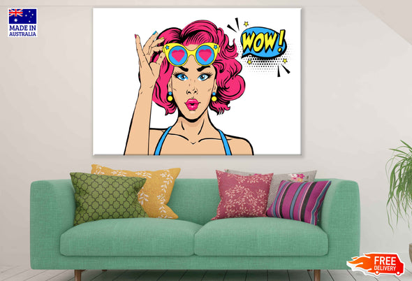 WOW Quote & Girl with Heart Shaped Glasses Illustration Pop Arts & Comic Poster Print 100% Australian Made Stretched Canvas Ready to Hang - 2171