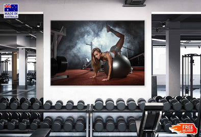 Woman Exercising Pilates Ball Workout Posture in Gym Print 100% Australian Made Stretched Canvas Ready to Hang - 2199