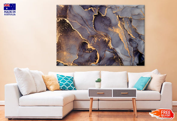 Black Grey & Gold Fluid Abstract Design Print 100% Australian Made Stretched Canvas Ready to Hang - 1118