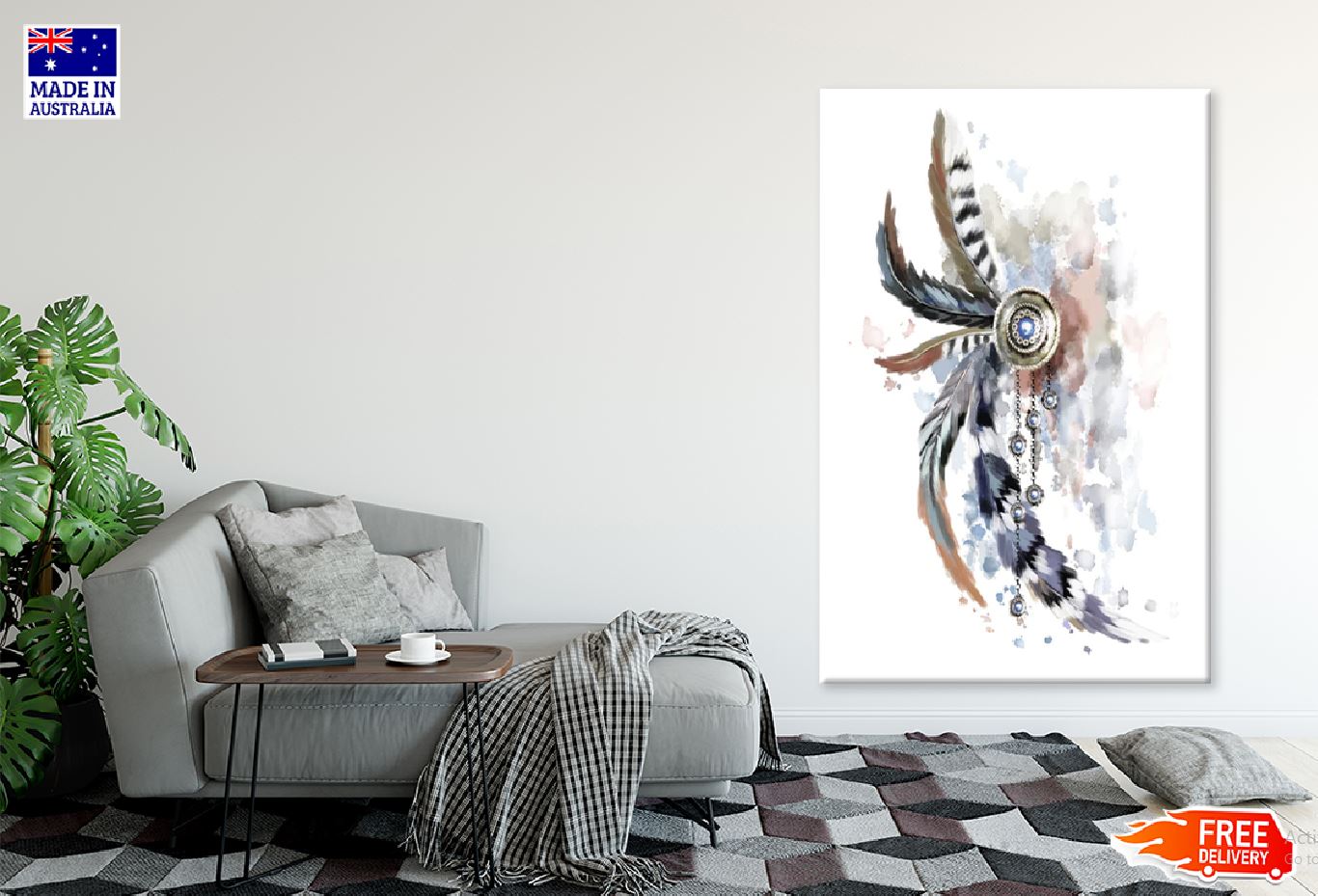 Grey Brown Bohemian Feathers Watercolor Painting Print 100% Australian Made Stretched Canvas Ready to Hang - 1973