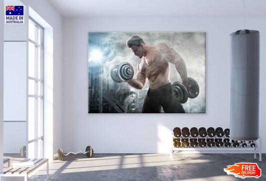 Muscular Bodybuilder Workout with Dumbells Print 100% Australian Made Stretched Canvas Ready to Hang - 2200