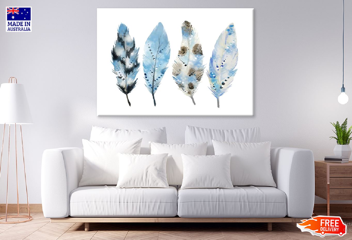 Colorful Feathers Watercolor Painting Print 100% Australian Made Stretched Canvas Ready to Hang - 1900