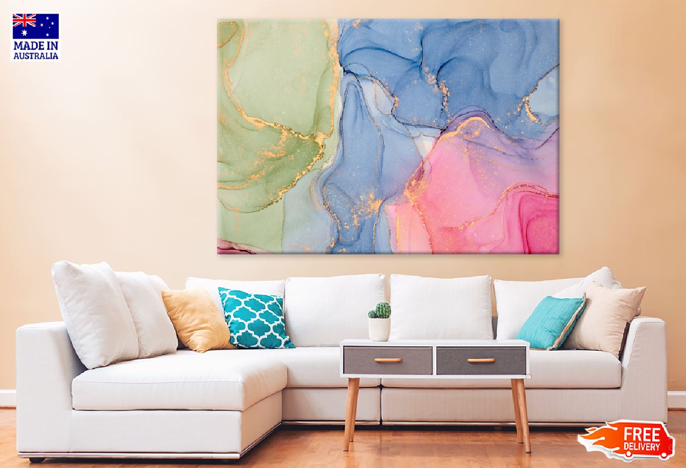 Green Blue Pink & Gold Abstract Design Print 100% Australian Made Stretched Canvas Ready to Hang - 1119