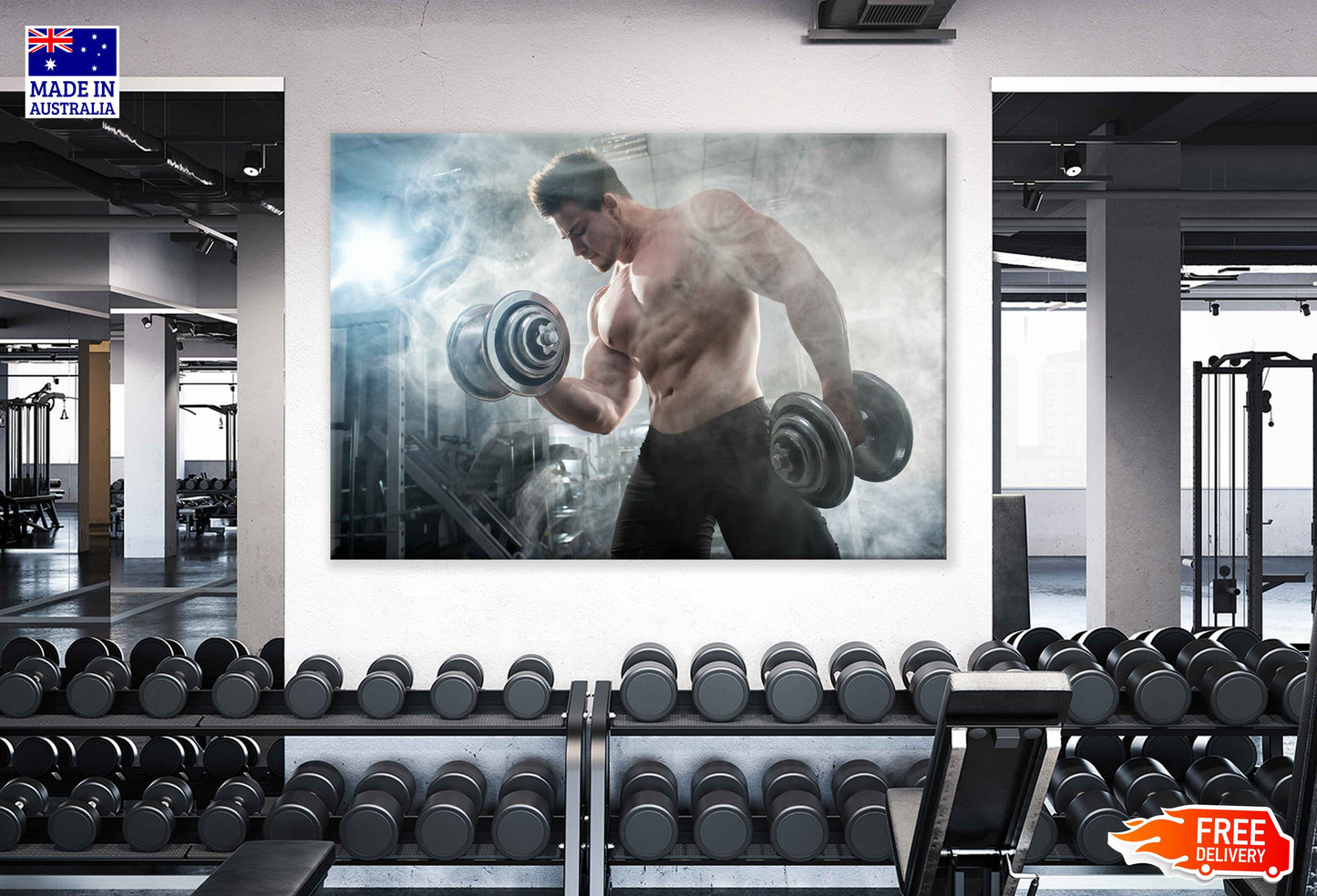 Muscular Bodybuilder Workout with Dumbells Print 100% Australian Made Stretched Canvas Ready to Hang - 2200