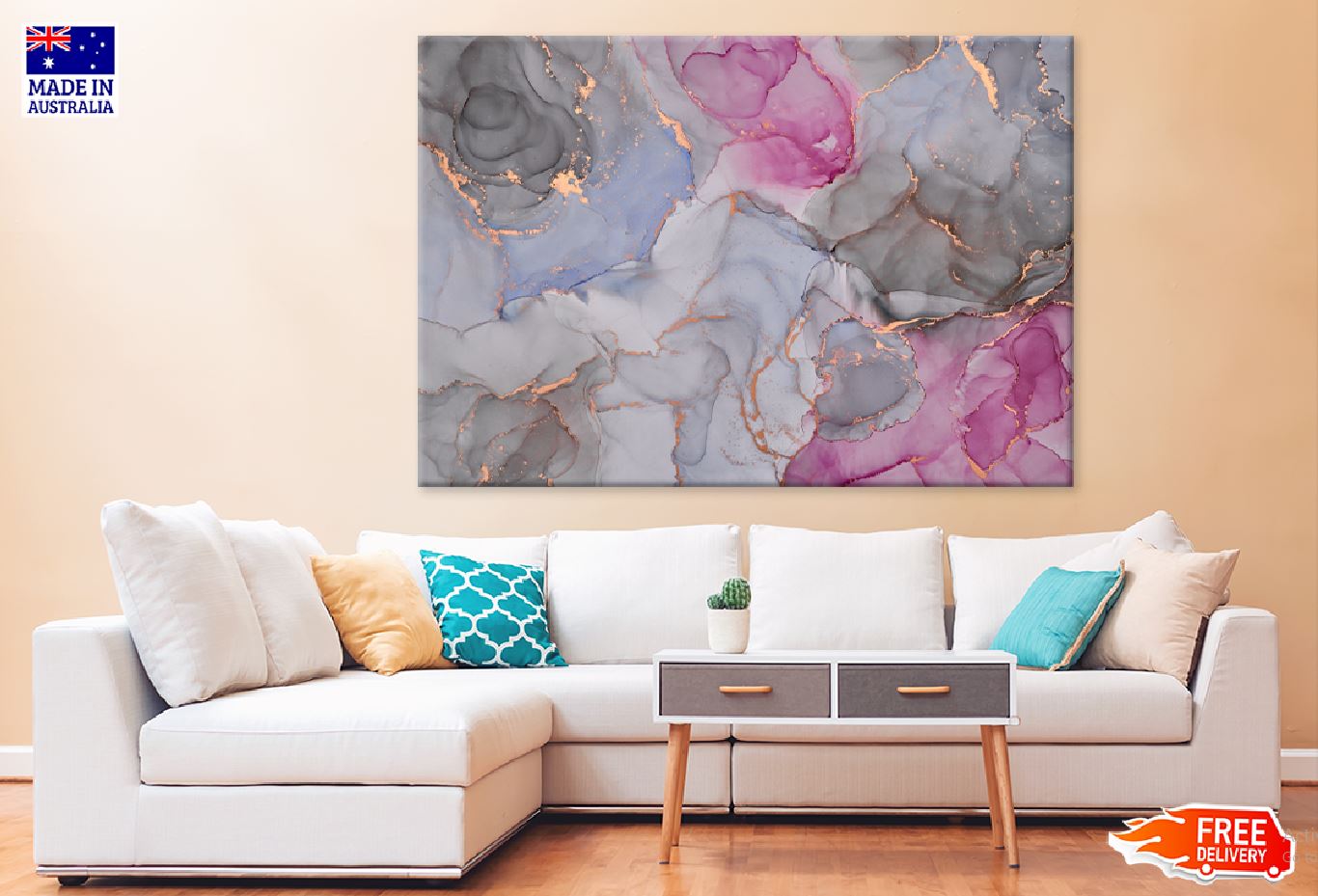 Grey Pink & Gold Fluid Abstract Design Print 100% Australian Made Stretched Canvas Ready to Hang - 1120