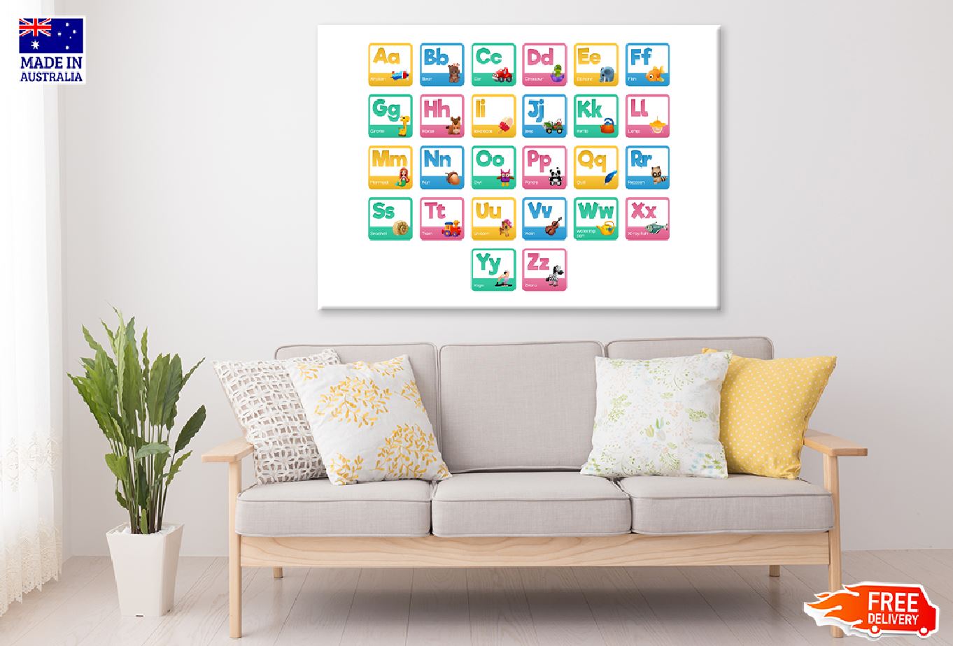 Cartoon Animals & Toys Alphabet Print 100% Australian Made Stretched Canvas Ready to Hang - 1677