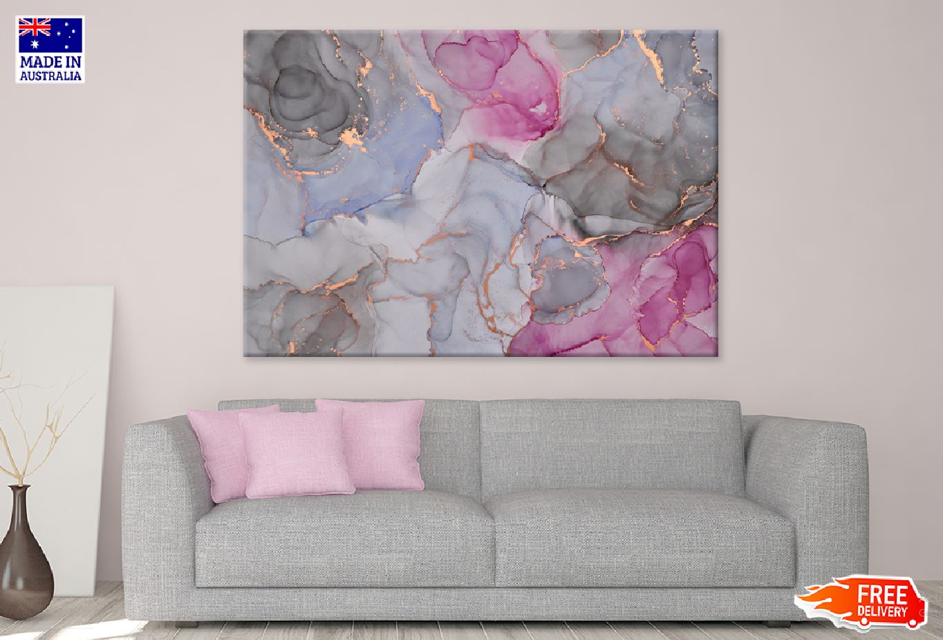 Grey Pink & Gold Fluid Abstract Design Print 100% Australian Made Stretched Canvas Ready to Hang - 1120