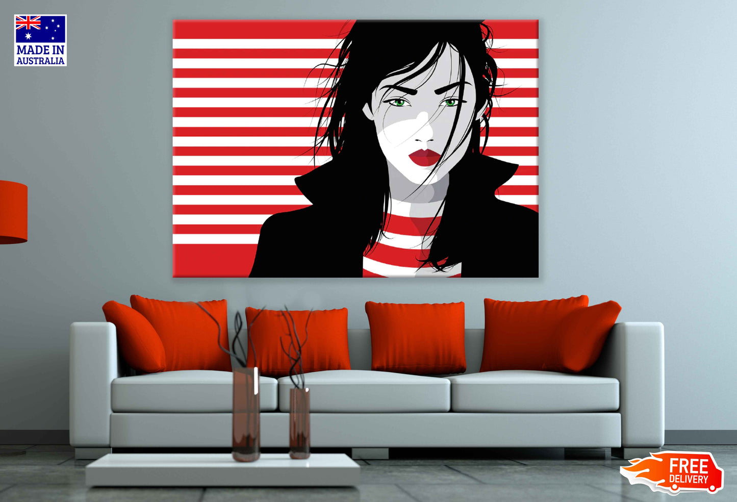 B&W Girl & Red Lines Illustration Pop Arts & Comic Poster Print 100% Australian Made Stretched Canvas Ready to Hang - 2173