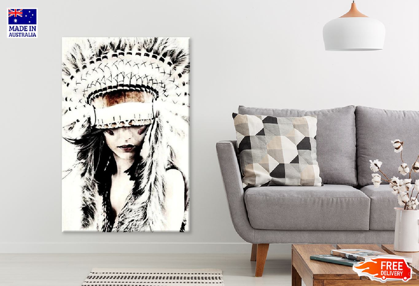 Headdress Popular Lady B&W Photograph Print 100% Australian Made Stretched Canvas Ready to Hang - 1974