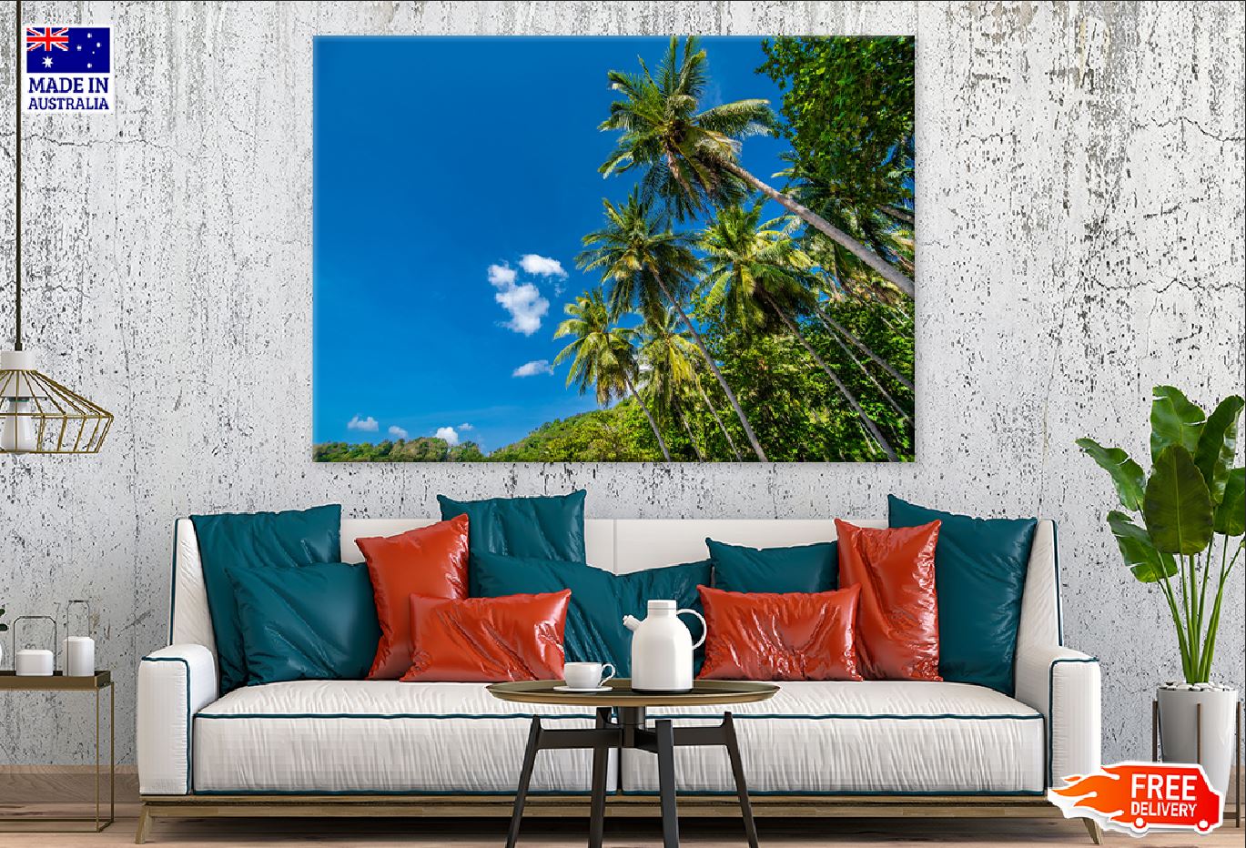 Coconut Palm Trees with Blue Sky Print 100% Australian Made Stretched Canvas Ready to Hang - 1698