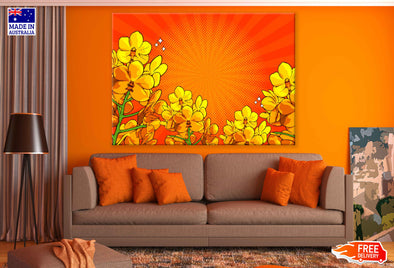 Yellow Flowers & Orange Bacground Vector Pop Arts & Comic Poster Print 100% Australian Made Stretched Canvas Ready to Hang - 2101