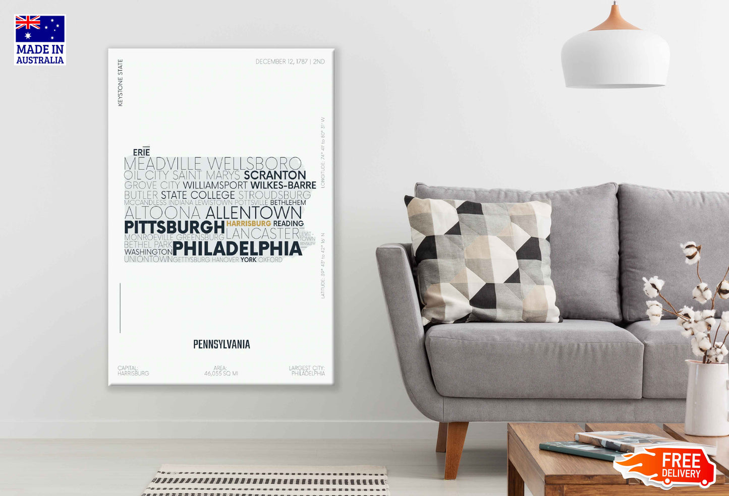 Pennsylvania, Typography Composition of City Names in USA Detailed Map Print 100% Australian Made Stretched Canvas Ready to Hang - 2300