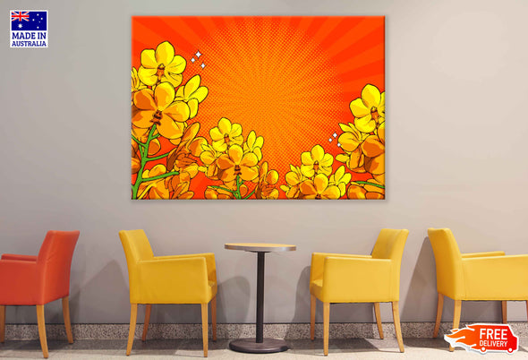 Yellow Flowers & Orange Bacground Vector Pop Arts & Comic Poster Print 100% Australian Made Stretched Canvas Ready to Hang - 2101