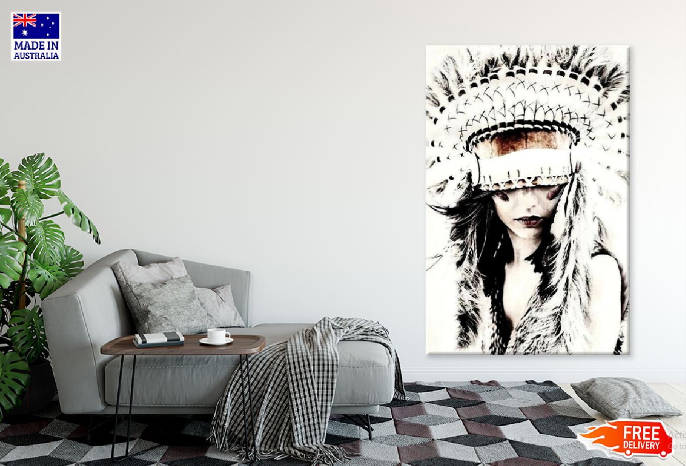 Headdress Popular Lady B&W Photograph Print 100% Australian Made Stretched Canvas Ready to Hang - 1974