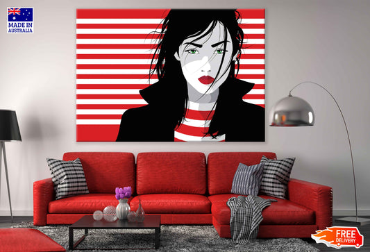 B&W Girl & Red Lines Illustration Pop Arts & Comic Poster Print 100% Australian Made Stretched Canvas Ready to Hang - 2173