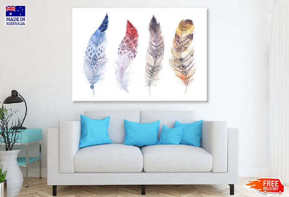 Colorful Bohemian Feathers Watercolor Painting Print 100% Australian Made Stretched Canvas Ready to Hang - 1901