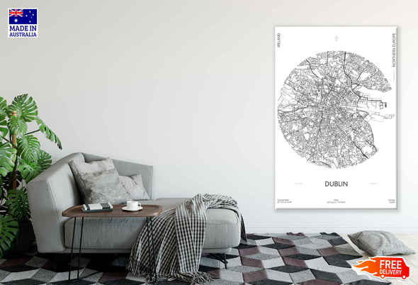 Dublin City in Ireland B&W Detailed Map Print 100% Australian Made Stretched Canvas Ready to Hang - 2301