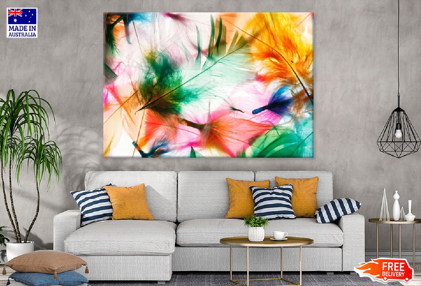 Red Orange & Green Feathers Digital Art Print 100% Australian Made Stretched Canvas Ready to Hang - 1902