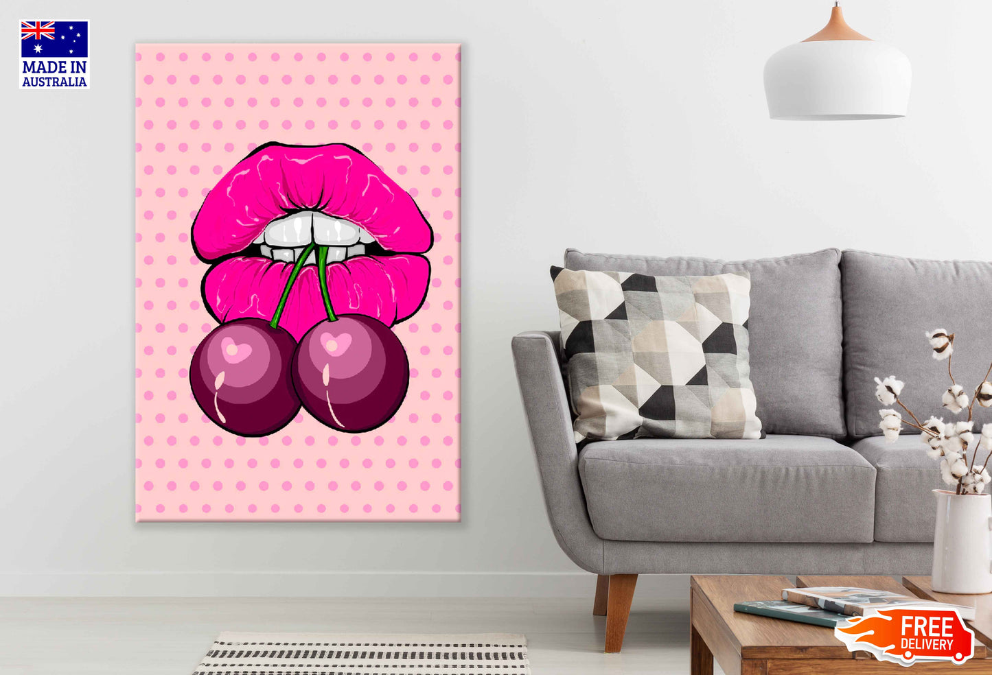 Girl Lips & Cherries Illustration Pop Arts & Comic Poster Print 100% Australian Made Stretched Canvas Ready to Hang - 2102