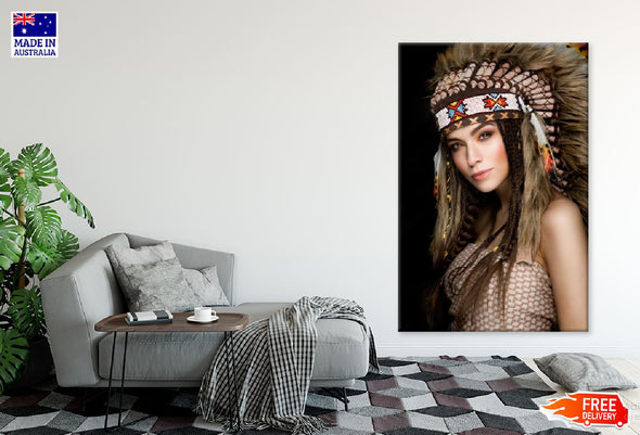 Indian Girl with Feather Headdress Photograph Print 100% Australian Made Stretched Canvas Ready to Hang - 1975