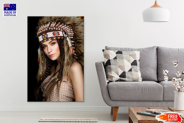 Indian Girl with Feather Headdress Photograph Print 100% Australian Made Stretched Canvas Ready to Hang - 1975