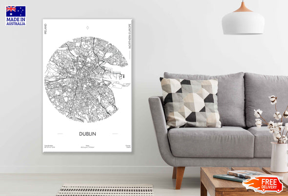 Dublin City in Ireland B&W Detailed Map Print 100% Australian Made Stretched Canvas Ready to Hang - 2301