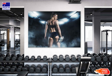 Young Girl Posing in Gym with Dumbells Print 100% Australian Made Stretched Canvas Ready to Hang - 2202