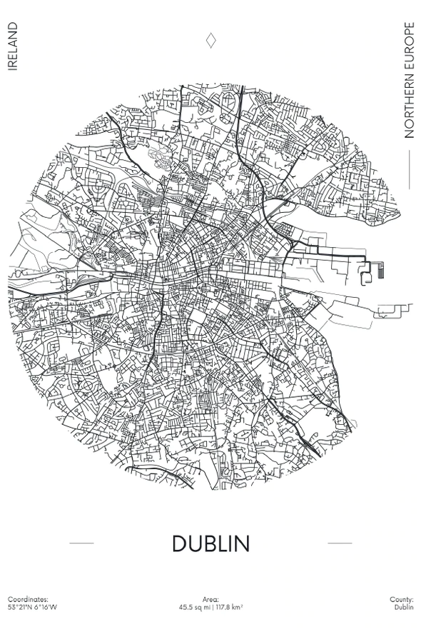 Dublin City in Ireland B&W Detailed Map Print 100% Australian Made Stretched Canvas Ready to Hang - 2301