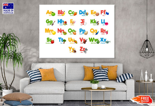 Fruits & Animals Alphabet Vector Print 100% Australian Made Stretched Canvas Ready to Hang - 1678